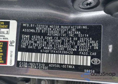 2014 Toyota Camry Le from USA, damaged, VIN 4T4BF1FK4ER398420